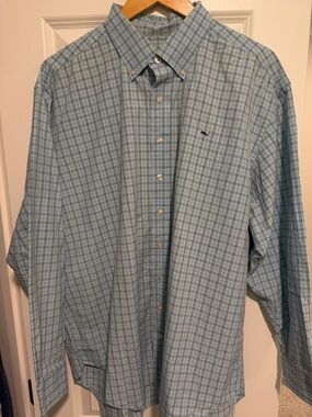 Vineyard Vines Men’s Light Blue and Navy Plaid Button-Down Shirt
